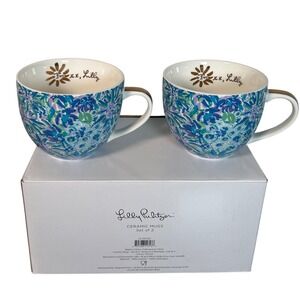 NEW Lilly Pulitzer High Maintenance Mugs Blue Purple Floral Gold Handle (#1)